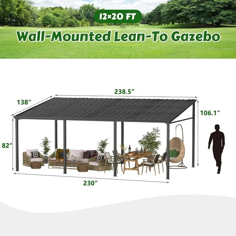 Outdoor Metal Roof Pavilion, 12x20 ft, Wall Mounted Pergola with Sloping Hard Top and Terrace, Includes Backyard Drainage Holes
Outdoor Metal Roof Pavilion, 12x20 ft, Wall Mounted Pergola with Sloping Hard Top and Terrace, Includes Backyard Drainage Holes