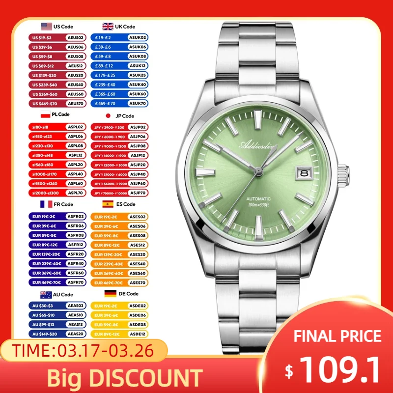 ADDIESDIVE NEW Men of Watch Automatic NH35 Movement Stainless Steel Domed 100m Waterproof Luminous Mechanical Watches Male reloj
ADDIESDIVE NEW Men of Watch Automatic NH35 Movement Stainless Steel Domed 100m Waterproof Luminous Mechanical Watches Male reloj