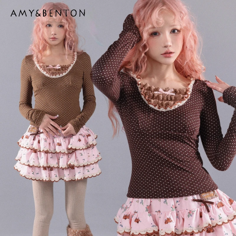 American Retro Design Brown Polka Dot Knitted Women's Bottoming Shirt Autumn Winter Lace Splicing Bow Versatile T-Shirt Ladies
American Retro Design Brown Polka Dot Knitted Women's Bottoming Shirt Autumn Winter Lace Splicing Bow Versatile T-Shirt Ladies