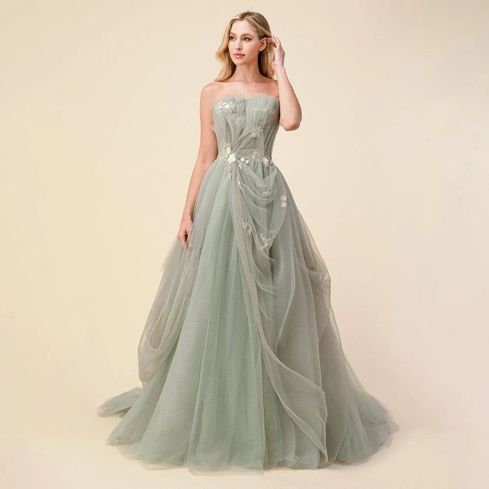 Fashion Appliques Strapless Sleeveless Gowns Customized Tulle Plus Size A-line Pleat Floor Length Evening Dress Graduation Dress
Fashion Appliques Strapless Sleeveless Gowns Customized Tulle Plus Size A-line Pleat Floor Length Evening Dress Graduation Dress