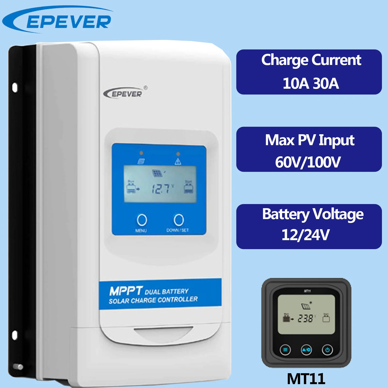 Контроллер заряда солнечных батарей EPEVER 10A 30A MPPT, подключение MT11, максимальное входное напряжение PV 60В или 100В
Контроллер заряда солнечных батарей EPEVER 10A 30A MPPT, подключение MT11, максимальное входное напряжение PV 60В или 100В