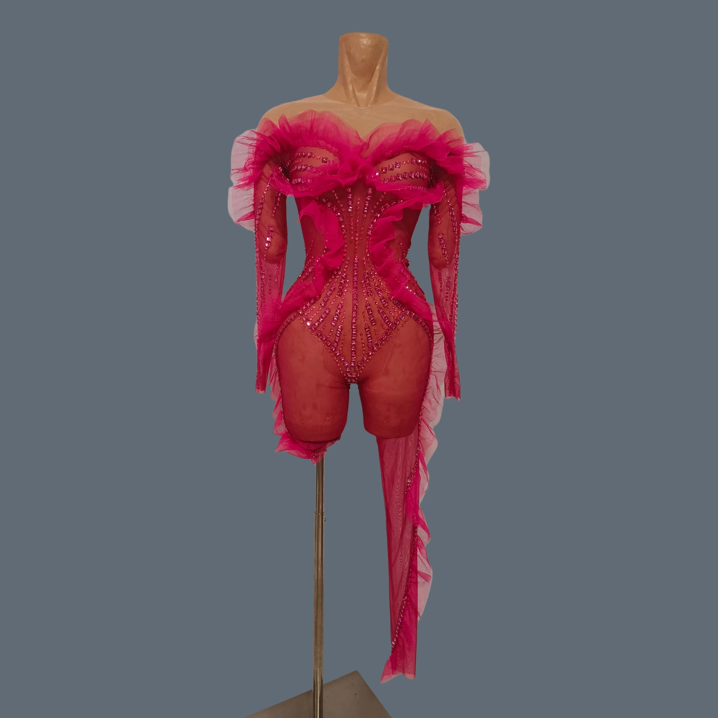 Hot Pink Sheer Mesh Tight Fitting Jumpsuit Tulle Ruffle Sparkly Rhinestone Crystal Stage Performance Party Show Sexy Wear Huahun
Hot Pink Sheer Mesh Tight Fitting Jumpsuit Tulle Ruffle Sparkly Rhinestone Crystal Stage Performance Party Show Sexy Wear Huahun