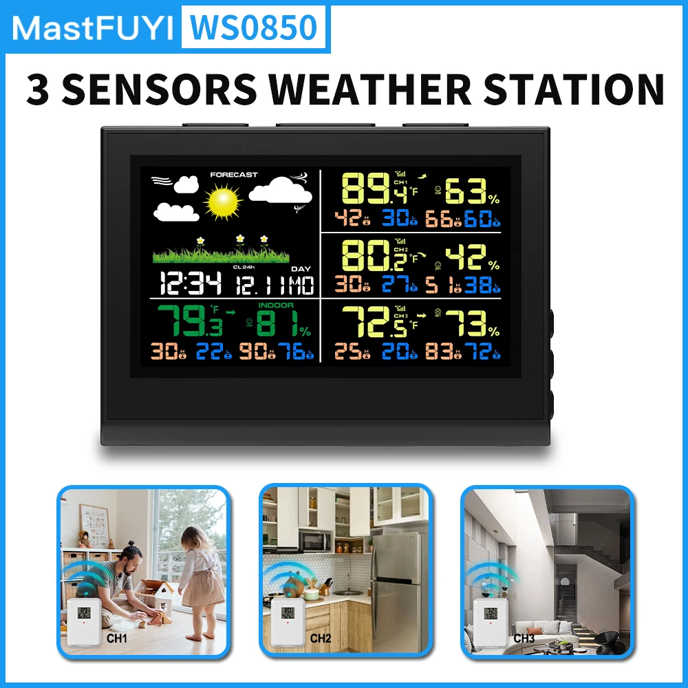 MASTFUYI Multifunctional Weather Station Alarm Clock LCD Screen Thermometer Hygrometer with 3 Wireless Sensors Hygrothermograph
MASTFUYI Multifunctional Weather Station Alarm Clock LCD Screen Thermometer Hygrometer with 3 Wireless Sensors Hygrothermograph