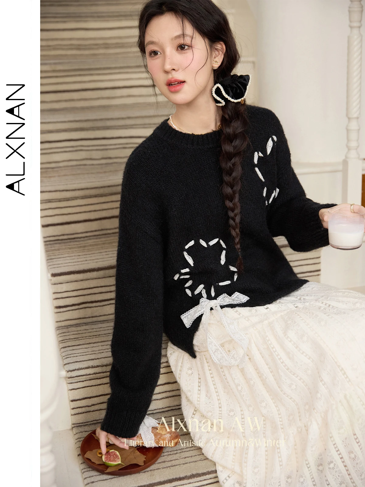 ALXNAN Black Women's Winter Sweater Warm 2025 New Versatile Knitwear O-Veck Lace Bow Design Sweet Long Sleeve Inner Top L52658
ALXNAN Black Women's Winter Sweater Warm 2025 New Versatile Knitwear O-Veck Lace Bow Design Sweet Long Sleeve Inner Top L52658