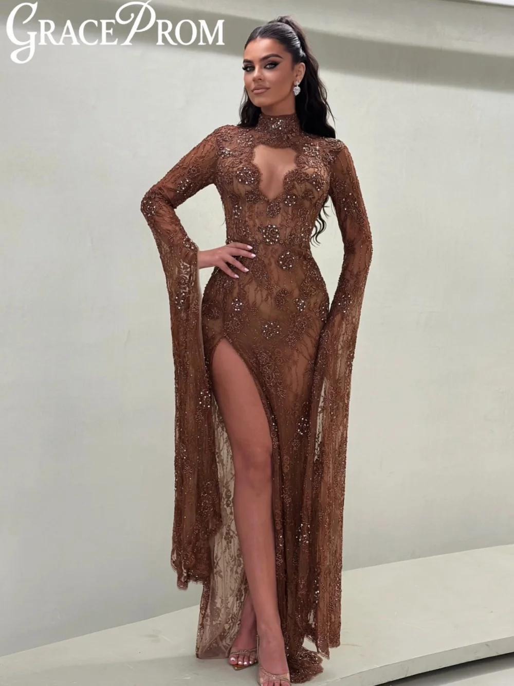 Brown Embroidery Beaded Evening Dress Elegant Lace Illusion LonWedding Party Gowns Customized Sexy High Slit Banquet Gowns
Brown Embroidery Beaded Evening Dress Elegant Lace Illusion LonWedding Party Gowns Customized Sexy High Slit Banquet Gowns