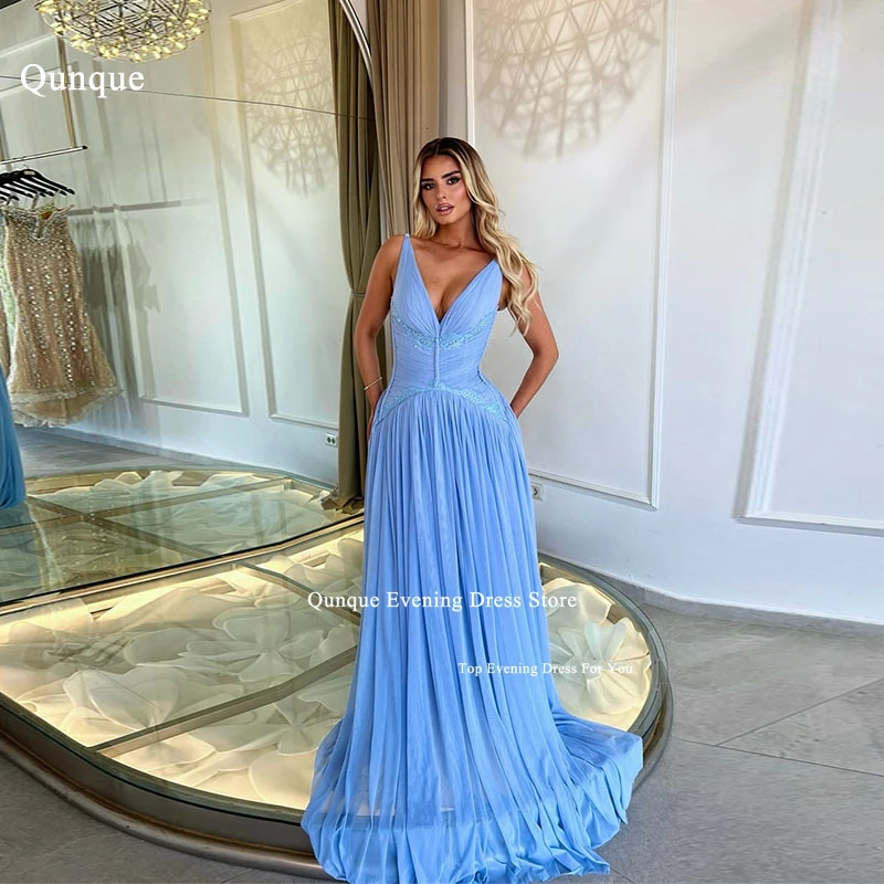 Qunque Gogerous Sky Blue Evening Dresses Deep V-neck Lace Prom Dresses Sleeveless A-Line Pleated Formal Prom Gowns Customized
Qunque Gogerous Sky Blue Evening Dresses Deep V-neck Lace Prom Dresses Sleeveless A-Line Pleated Formal Prom Gowns Customized