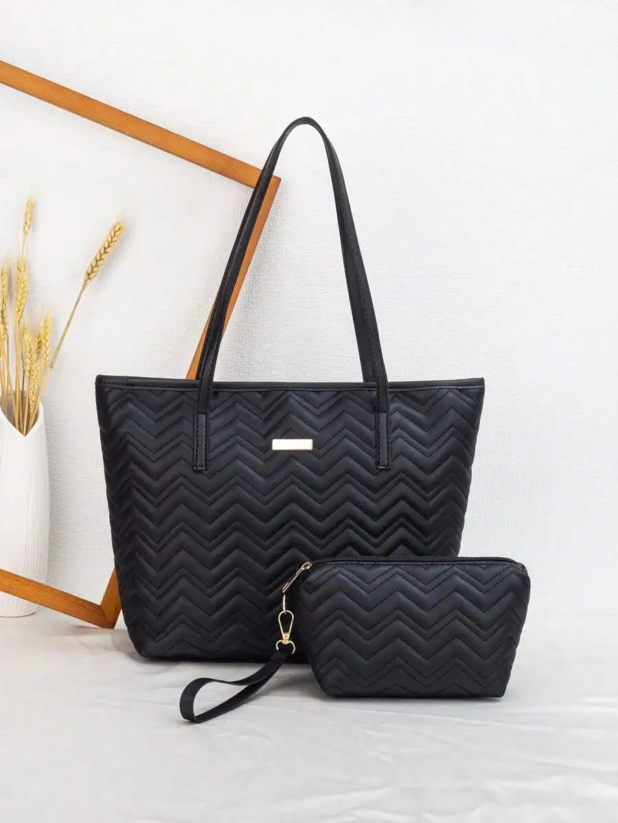 2-Piece Black Quilted Chevron Tote Bag Set with Wristlet Purse for Women
2-Piece Black Quilted Chevron Tote Bag Set with Wristlet Purse for Women