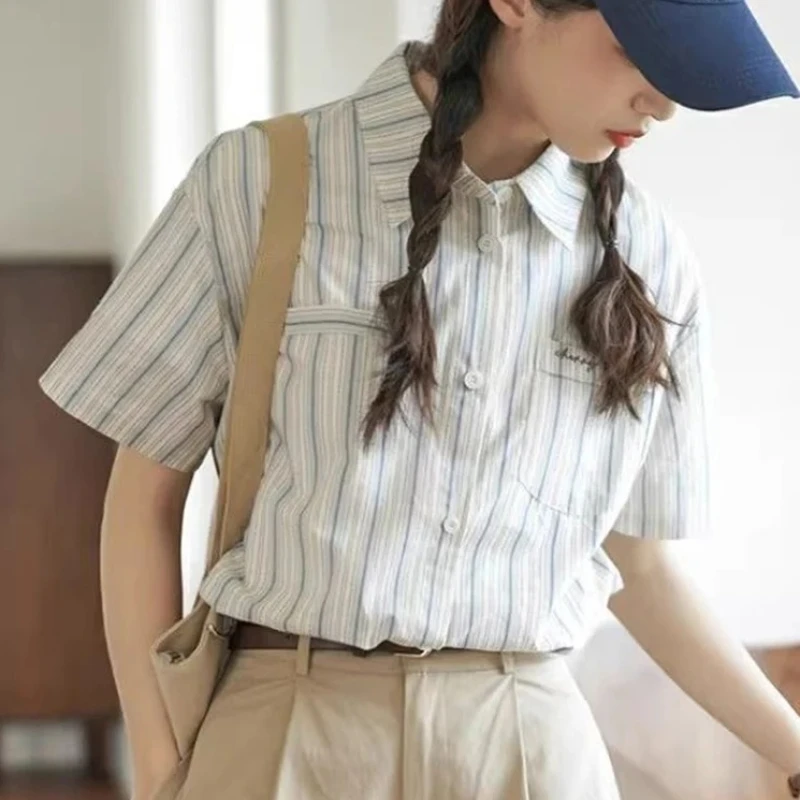 Vintage Striped Shirt Women Loose Short Sleeve Sweet Blouse Casual Korean Summer Preppy Style All Match Female Kawaii Camisas
Vintage Striped Shirt Women Loose Short Sleeve Sweet Blouse Casual Korean Summer Preppy Style All Match Female Kawaii Camisas