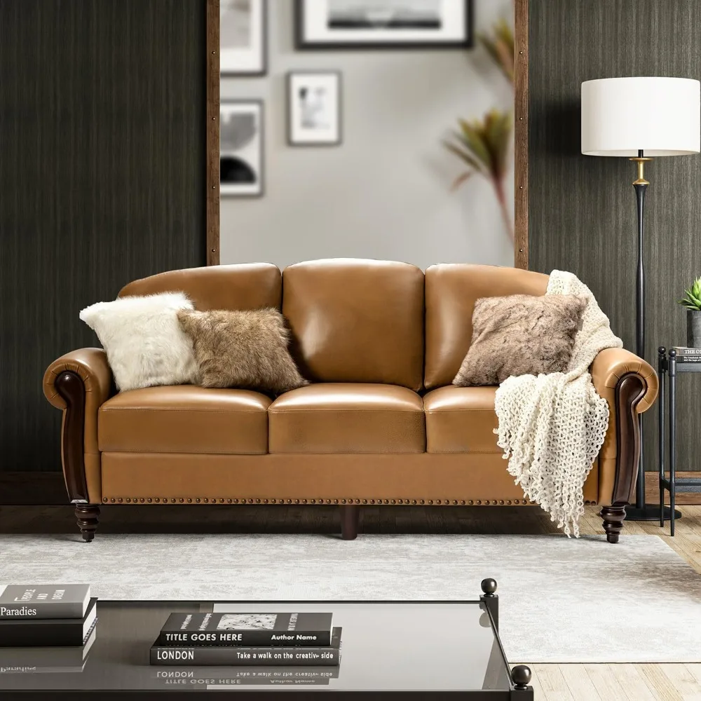 Genuine Leather Sofa 3-Seater Couch Traditional Living Room Sofa with Carved Solid Wood Legs, Camel
Genuine Leather Sofa 3-Seater Couch Traditional Living Room Sofa with Carved Solid Wood Legs, Camel