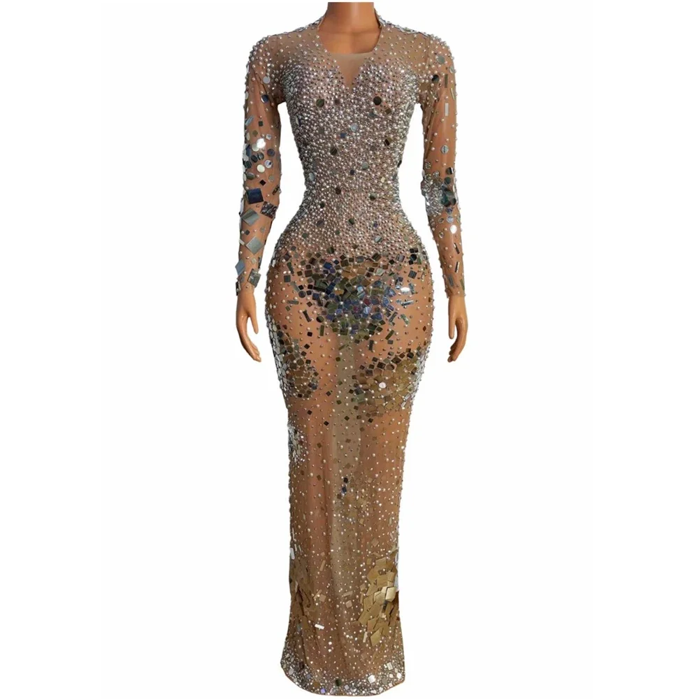 Nude Shining Mirror Sequins Rhinestones Pearls Long Sleeve Women Dress Split Stage Singer Costume Evening Party Club Wear
Nude Shining Mirror Sequins Rhinestones Pearls Long Sleeve Women Dress Split Stage Singer Costume Evening Party Club Wear