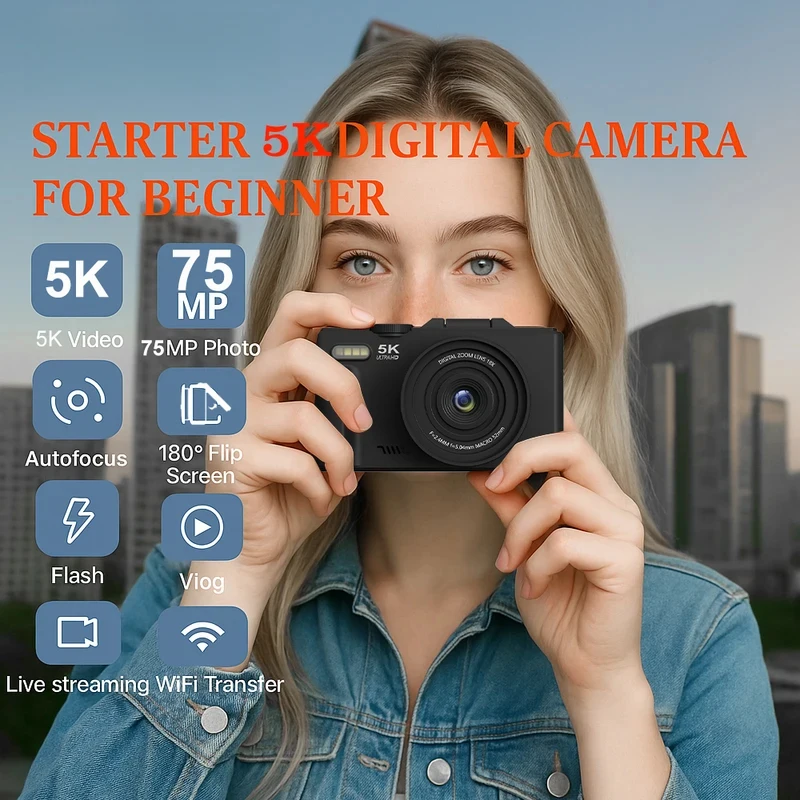 Digital Photography Camera 5K WiFi WebCam, 18X Digital Zoom 180° Flip Screen, Vintage Vlog Video Recorder For YouTube & Selfie
Digital Photography Camera 5K WiFi WebCam, 18X Digital Zoom 180° Flip Screen, Vintage Vlog Video Recorder For YouTube & Selfie
