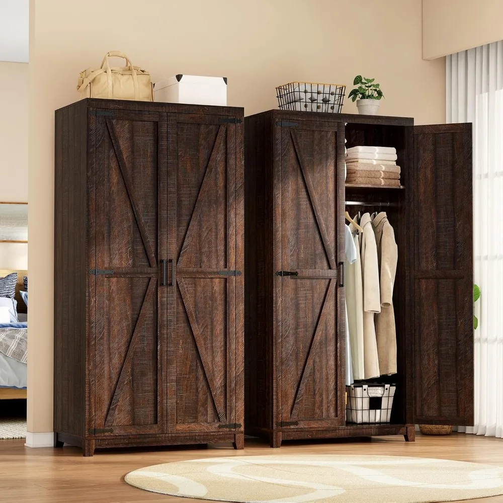 70" Large Armoire Wardrobe Closet Set of 2 with Hanging Rod, Farmhouse Clothing Storage Cabinet with 4 Barn Doors, Wooden Tall
70" Large Armoire Wardrobe Closet Set of 2 with Hanging Rod, Farmhouse Clothing Storage Cabinet with 4 Barn Doors, Wooden Tall