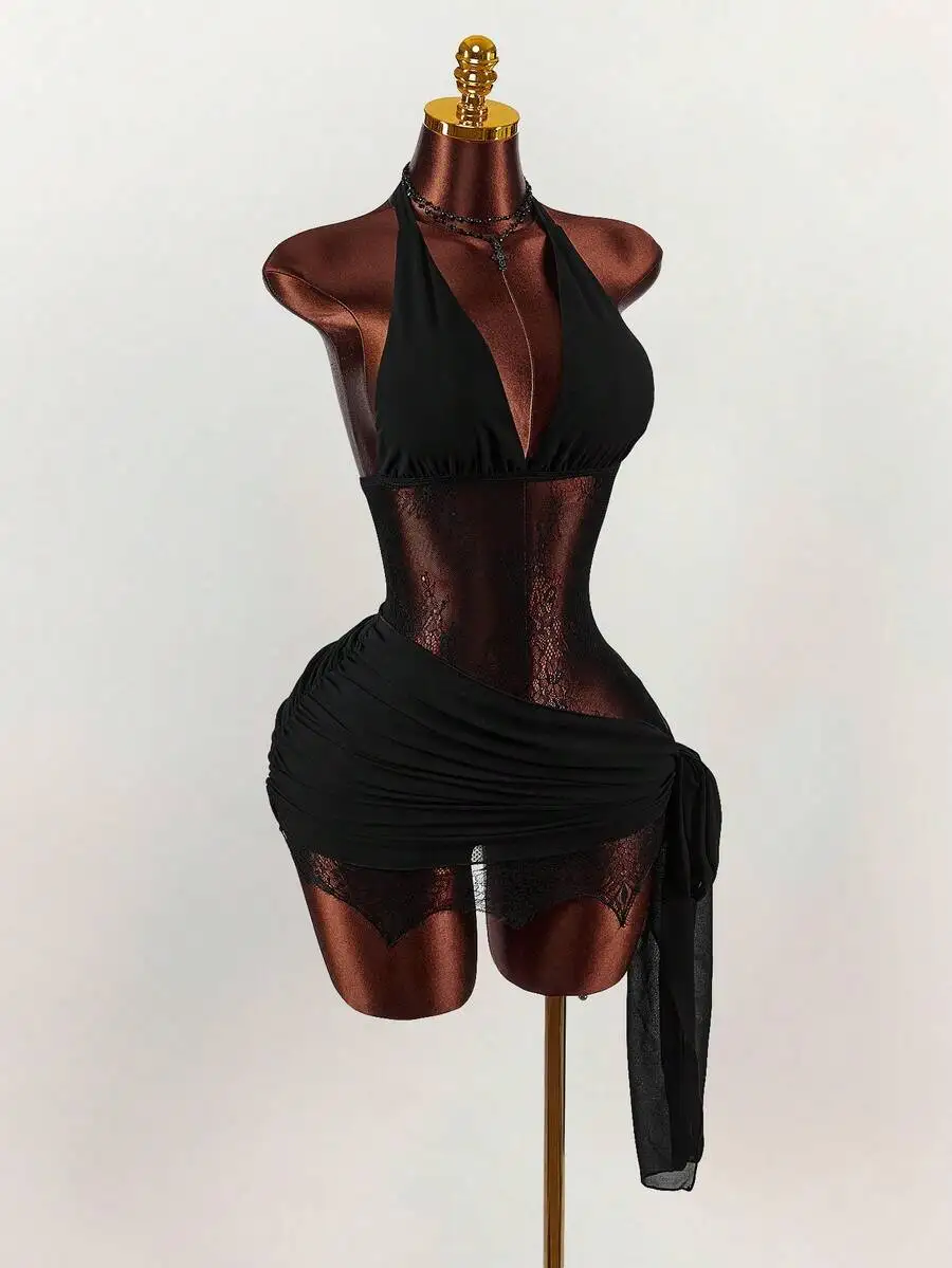 Black Y2K Lace Sheer Mini Dress With Plunging Neck And Wrap Ruffle Hem For Club Rave
Black Y2K Lace Sheer Mini Dress With Plunging Neck And Wrap Ruffle Hem For Club Rave