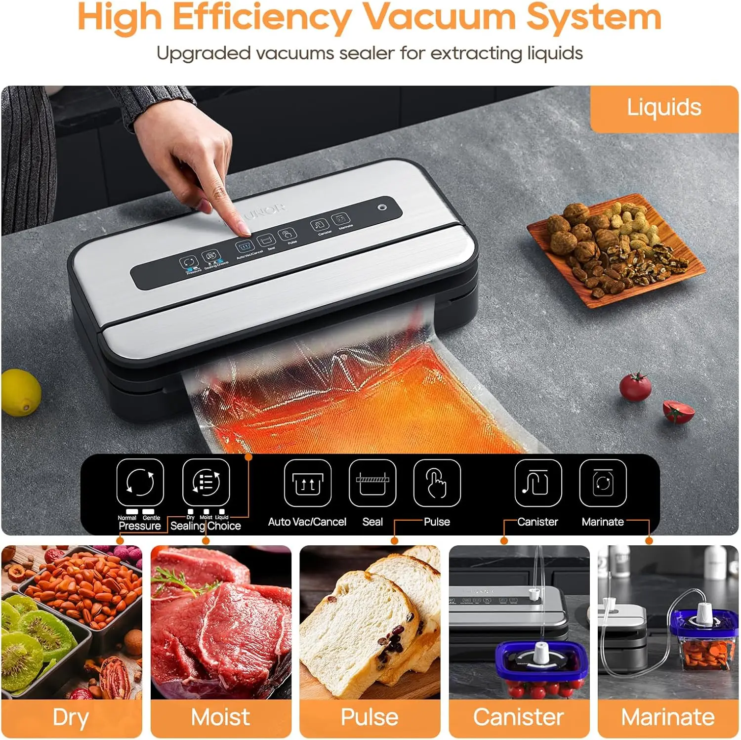 Liquid Vacuum Sealer Machine for Food,Concealed Handle 90Kpa Powerful Vacuum Sealing for Liquid/Dry/Moist Saver,Double Heat Seal
Liquid Vacuum Sealer Machine for Food,Concealed Handle 90Kpa Powerful Vacuum Sealing for Liquid/Dry/Moist Saver,Double Heat Seal