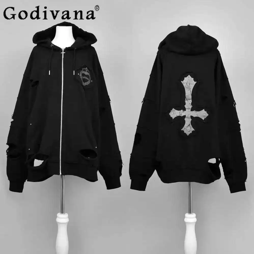 2026 Japanese Mine Cross Ripped Retro Subculture Hooded Sweatshirt Cardigan Jacket Women's Goth Punk Zipper Hoodie Coat Outwear
2026 Japanese Mine Cross Ripped Retro Subculture Hooded Sweatshirt Cardigan Jacket Women's Goth Punk Zipper Hoodie Coat Outwear