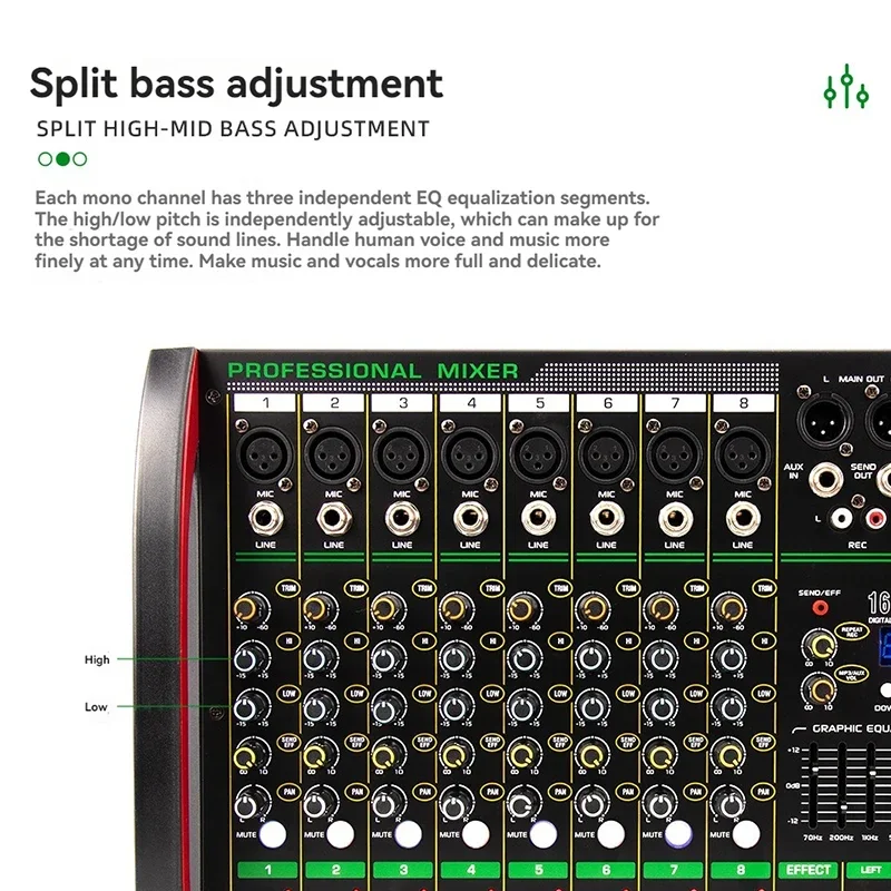 4 / 8-Channel Mixer DSP Reverberation Effect Professional Bluetooth USB Audio Mixer Balance Family Karaoke Stage Performance KTV
4 / 8-Channel Mixer DSP Reverberation Effect Professional Bluetooth USB Audio Mixer Balance Family Karaoke Stage Performance KTV
