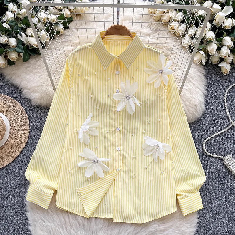 Легкая роскошная модная рубашка в полоску с длинными рукавами и тяжелым бисером, 3D цветок, свободная универсальная повседневная блузка, женский топ
Легкая роскошная модная рубашка в полоску с длинными рукавами и тяжелым бисером, 3D цветок, свободная универсальная повседневная блузка, женский топ