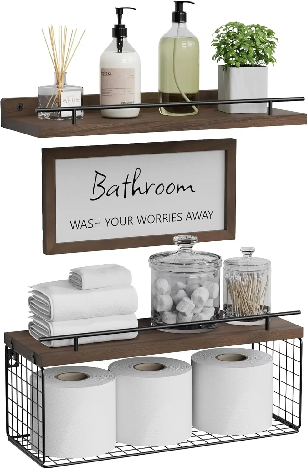 Floating Shelves for Wall Decor Sign, Bathroom Organizers and Storage, Bathroom Shelves Over Toilet with Metal Guardrai
Floating Shelves for Wall Decor Sign, Bathroom Organizers and Storage, Bathroom Shelves Over Toilet with Metal Guardrai
