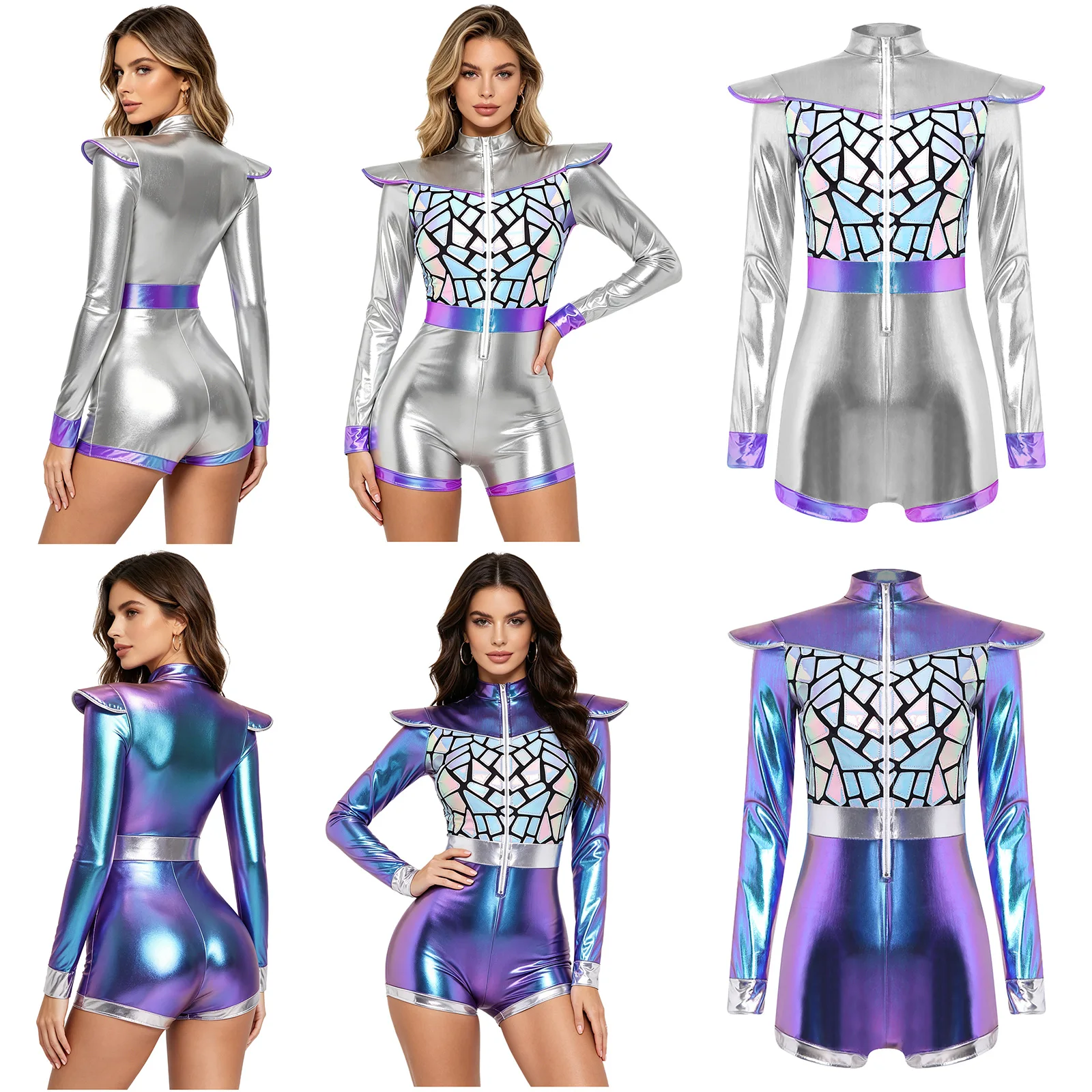 Women Long Sleeve Metallic Shiny Sequin Zipper Pole Dance Bodysuit Clubwear Halloween Alien Space Cadet Robot Astronaut Costume
Women Long Sleeve Metallic Shiny Sequin Zipper Pole Dance Bodysuit Clubwear Halloween Alien Space Cadet Robot Astronaut Costume
