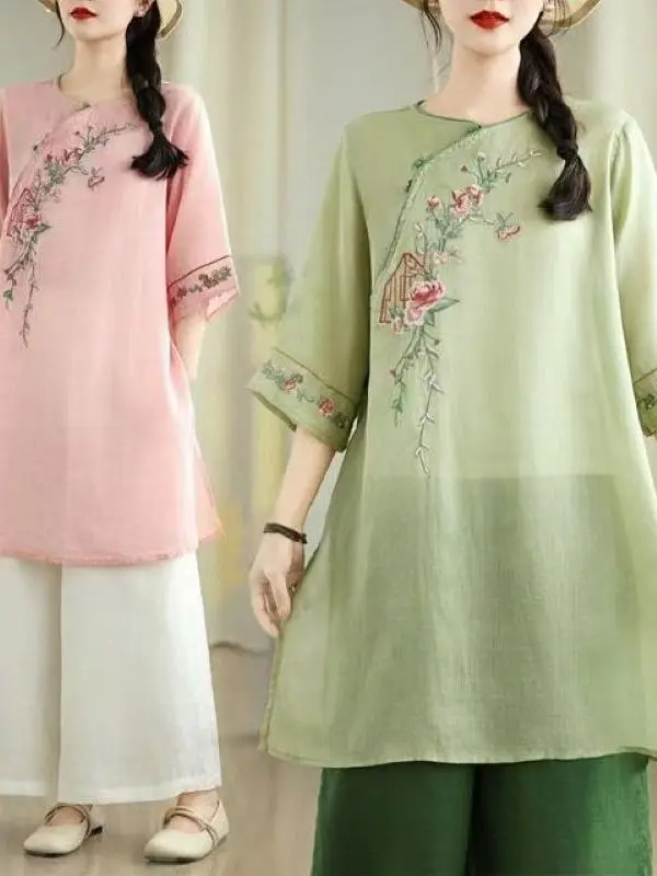New Chinese Style Embroidered Cotton Linen Shirt Women Summer Fashionable Midi Loose Slimming Top Skirt Breathable Comfortable
New Chinese Style Embroidered Cotton Linen Shirt Women Summer Fashionable Midi Loose Slimming Top Skirt Breathable Comfortable
