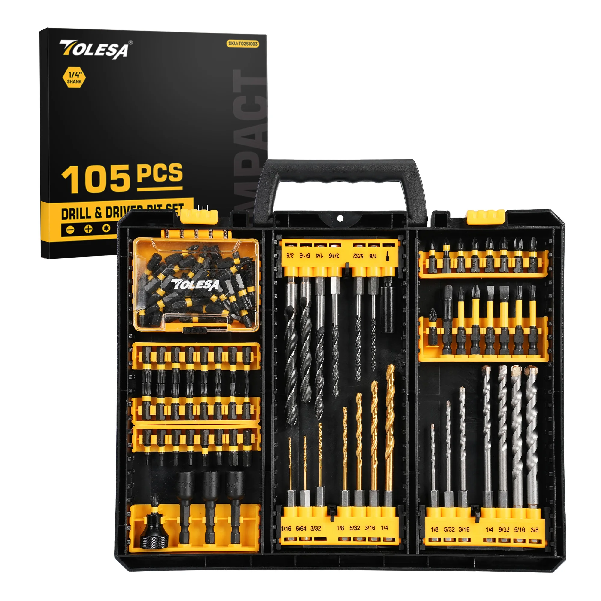 TOLESA 105pcs Drill Bit Set High Speed Steel Impact Driver Bit Set Professional Screw Driving & Drilling Accessory Set with Case
TOLESA 105pcs Drill Bit Set High Speed Steel Impact Driver Bit Set Professional Screw Driving & Drilling Accessory Set with Case