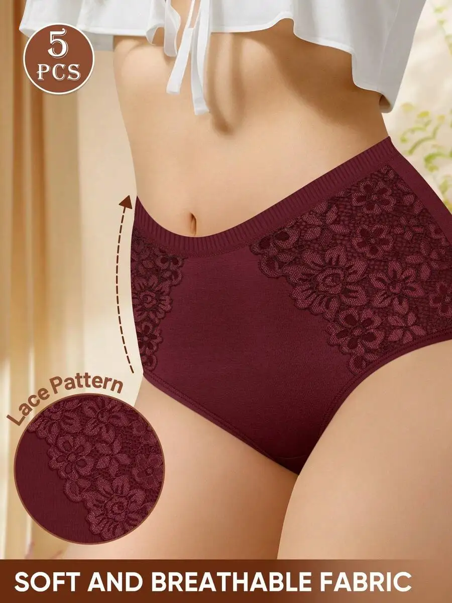 5 Pcs Women High Waist Panties With Floral Lace Pattern Soft Breathable Fabric
5 Pcs Women High Waist Panties With Floral Lace Pattern Soft Breathable Fabric