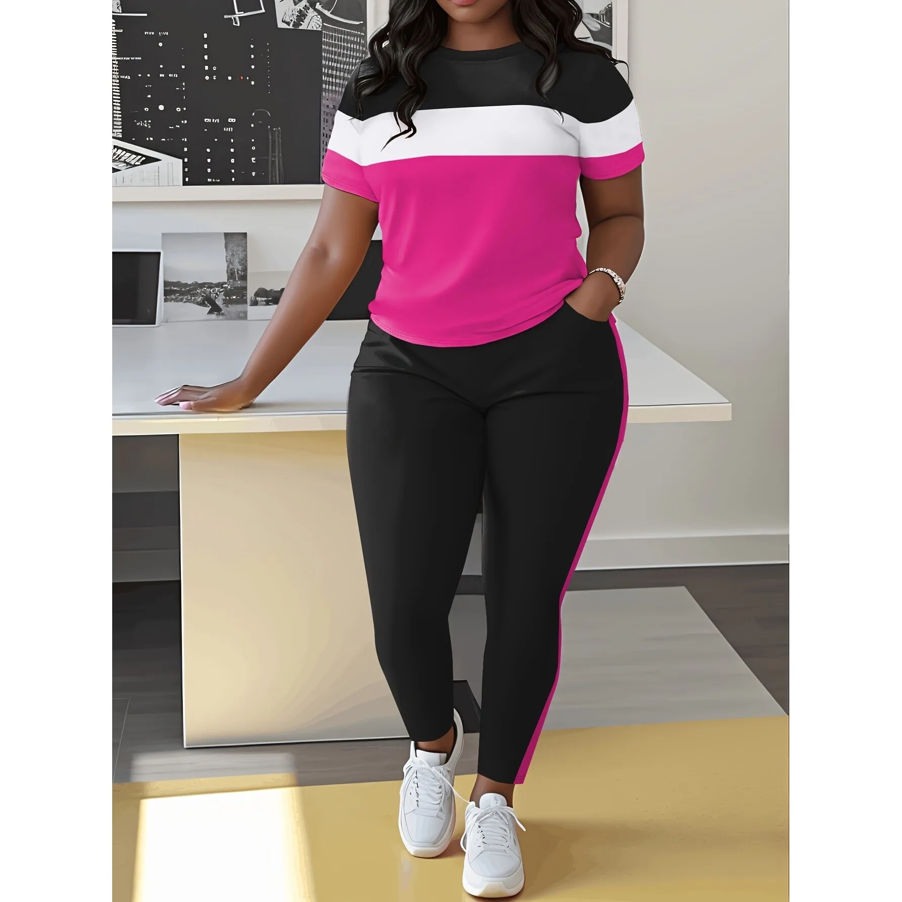 Color Block Short Sleeve T-Shirt Set Women's Fashion Summer Outfit Contrast Color Top Bottoms Combo No Brand Registered Trade...
Color Block Short Sleeve T-Shirt Set Women's Fashion Summer Outfit Contrast Color Top Bottoms Combo No Brand Registered Trade...