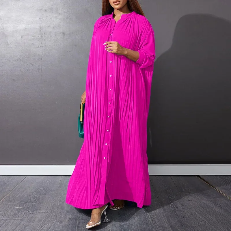 Autumn Women's Fashion New Style Elegant Loose Pleated Solid Color Dress Stand Collar Long Sleeved Button Up Cardigan Long Skirt 
Autumn Women's Fashion New Style Elegant Loose Pleated Solid Color Dress Stand Collar Long Sleeved Button Up Cardigan Long Skirt