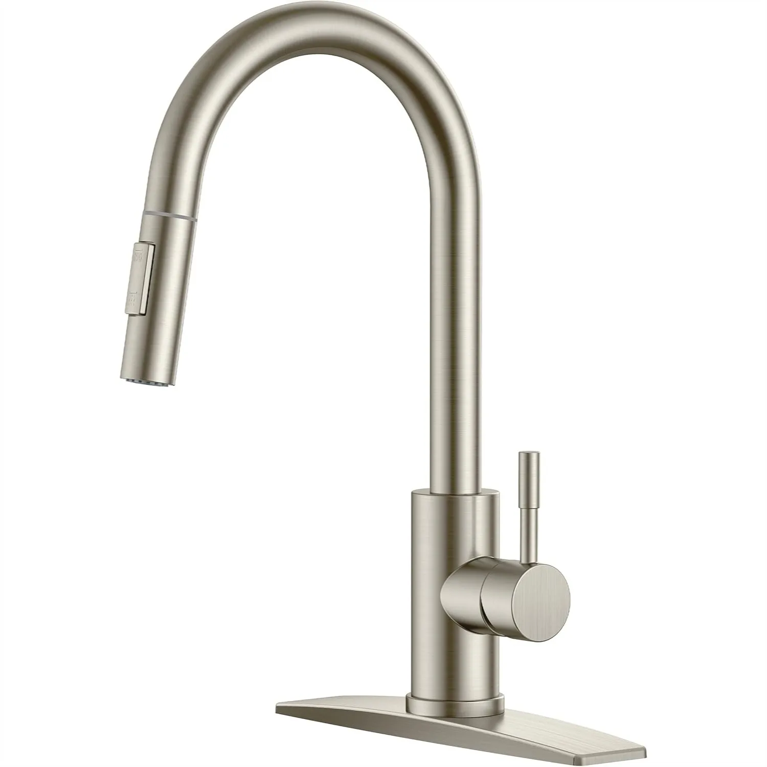 Kitchen Faucet with Pull Down Sprayer, Brushed Nickel High Arc Modern Sink Faucet Stainless Steel Deck Plate for 1 or 3 Hole
Kitchen Faucet with Pull Down Sprayer, Brushed Nickel High Arc Modern Sink Faucet Stainless Steel Deck Plate for 1 or 3 Hole