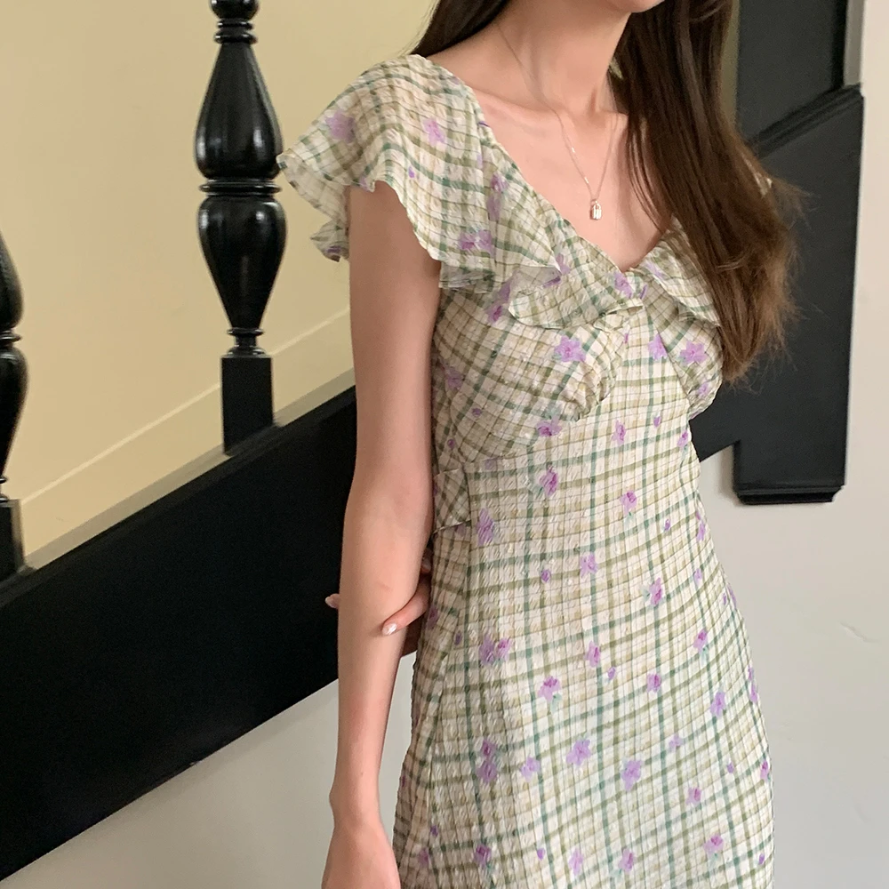 Sweet Long Floral Plaid Summer Chiffon Dress Women Sashes Flying Sleeve A-line Midi Sundress Female Woman Clothes 2025
Sweet Long Floral Plaid Summer Chiffon Dress Women Sashes Flying Sleeve A-line Midi Sundress Female Woman Clothes 2025
