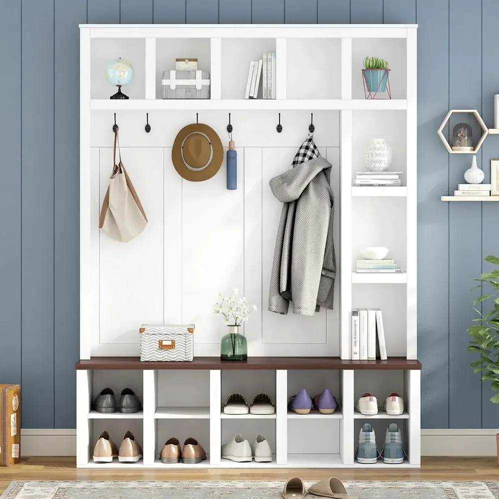Wide armhouse Hall Tree with Storage Bench and 6 Hooks, 59'' 4-in-1 Hallway Coat Rack with Adjustable Shelves, Entryway Shoe Cab
Wide armhouse Hall Tree with Storage Bench and 6 Hooks, 59'' 4-in-1 Hallway Coat Rack with Adjustable Shelves, Entryway Shoe Cab