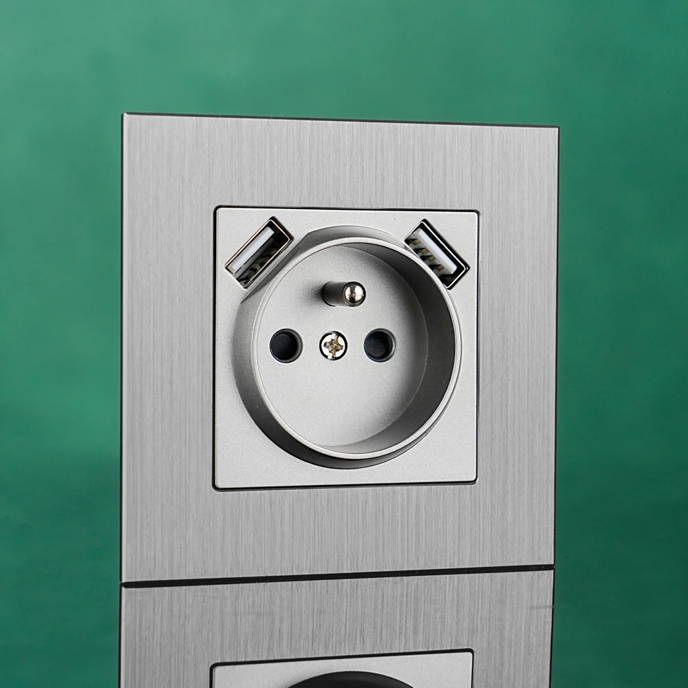 European standard aluminum brushed panel French socket 16A USB port dual Type-A wall socket 110-250V
European standard aluminum brushed panel French socket 16A USB port dual Type-A wall socket 110-250V