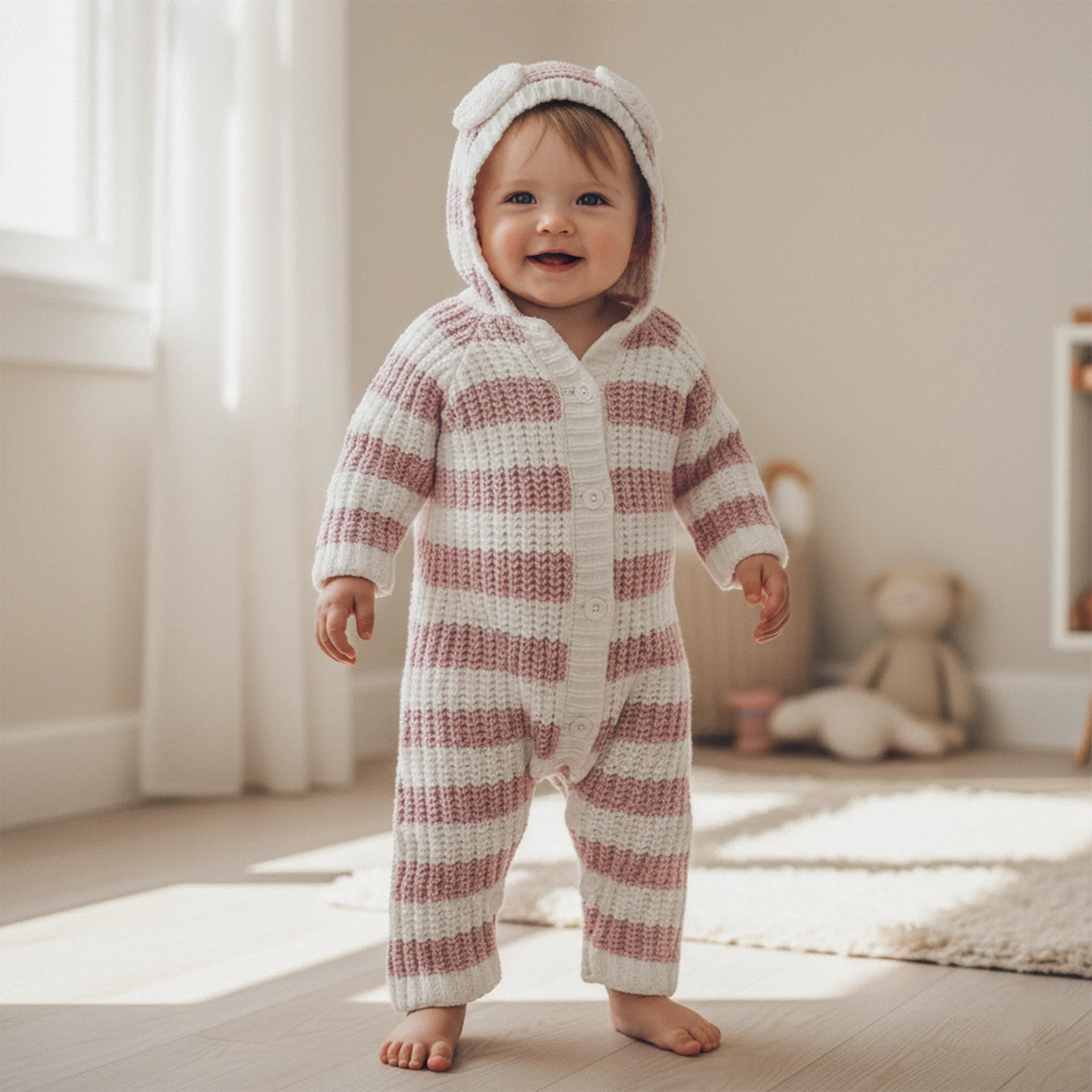 Suefunskry Cute Baby Girl Knitted Sweater Romper Long Sleeve Striped Print Button Down Hooded Jumpsuit Infant Pajamas
Suefunskry Cute Baby Girl Knitted Sweater Romper Long Sleeve Striped Print Button Down Hooded Jumpsuit Infant Pajamas