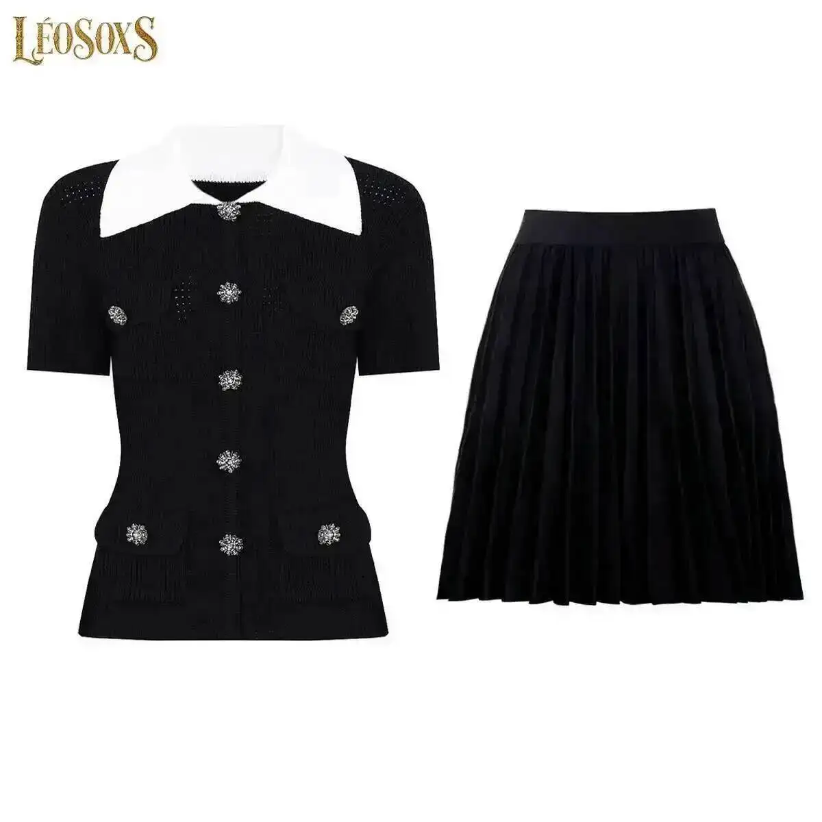 LEOSOXS Women's Contrast Collar 2 Piece Knit Set Rhinestone Button Top & Pleated Mini Skirt Formal Party Outfit 2025
LEOSOXS Women's Contrast Collar 2 Piece Knit Set Rhinestone Button Top & Pleated Mini Skirt Formal Party Outfit 2025