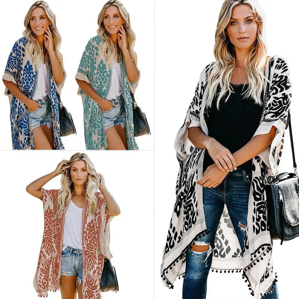 Women's Bali Style Seaside Vacation Cardigan Short Sleeve Printed Pompom Kimono Blouse European American Mid-length Coat
Women's Bali Style Seaside Vacation Cardigan Short Sleeve Printed Pompom Kimono Blouse European American Mid-length Coat