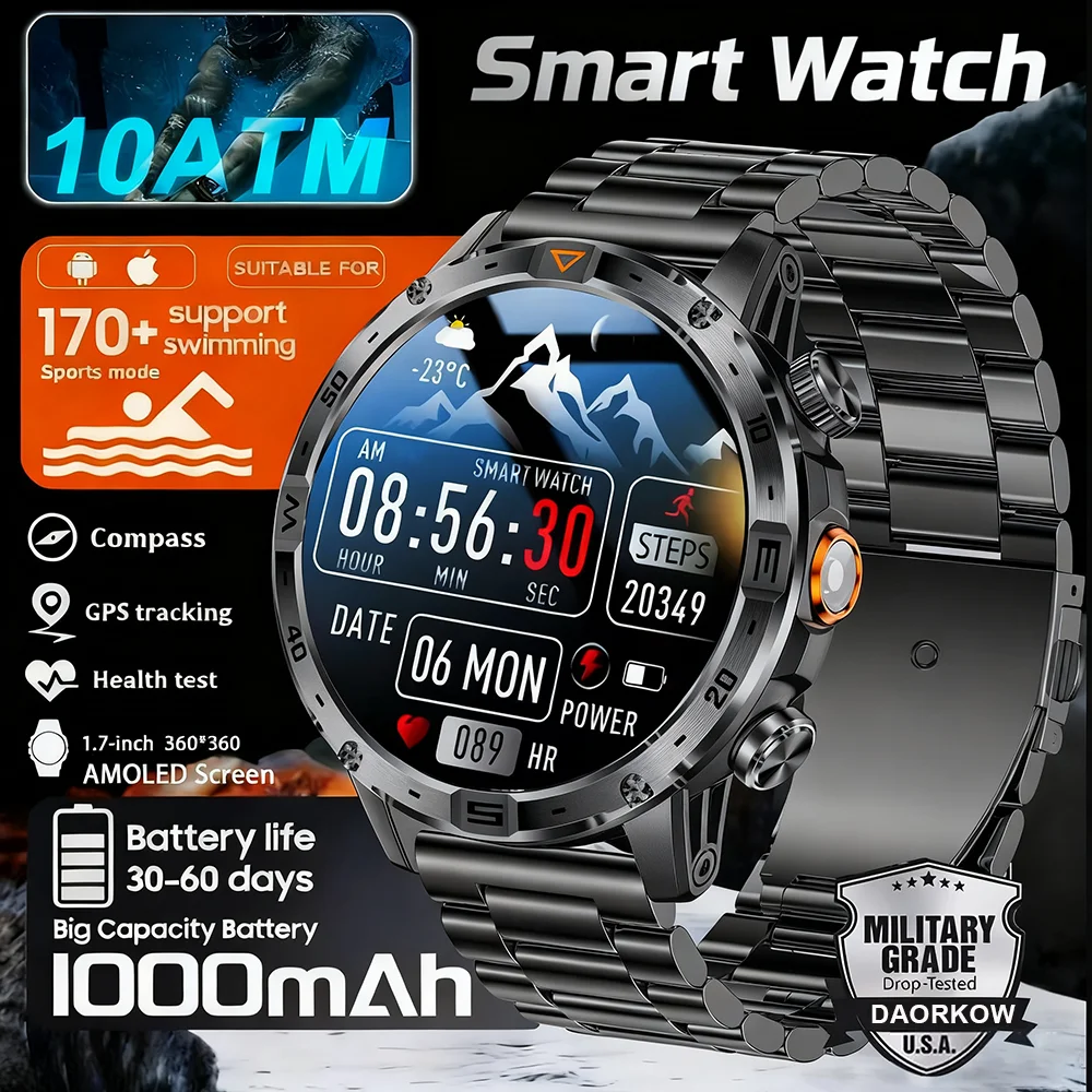 Военные уличные мужские умные часы, светодиодный фонарик, аккумулятор 1000 мАч, стандарт на 100 дней, 1,7-дюймовый компас с AMOLED-дисплеем, 100 + спорт
Военные уличные мужские умные часы, светодиодный фонарик, аккумулятор 1000 мАч, стандарт на 100 дней, 1,7-дюймовый компас с AMOLED-дисплеем, 100 + спорт