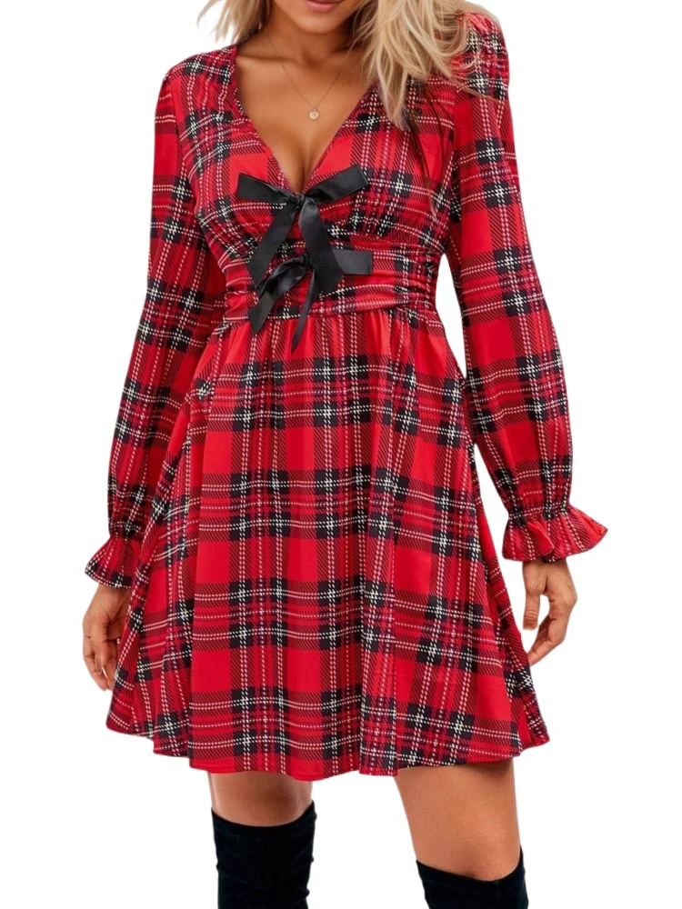 Lady Plaid Christmas Dress Fashion Long Sleeve V Neck Bow High Waist Loose Mini Dresses For Women Holiday Party Women's Clothing
Lady Plaid Christmas Dress Fashion Long Sleeve V Neck Bow High Waist Loose Mini Dresses For Women Holiday Party Women's Clothing