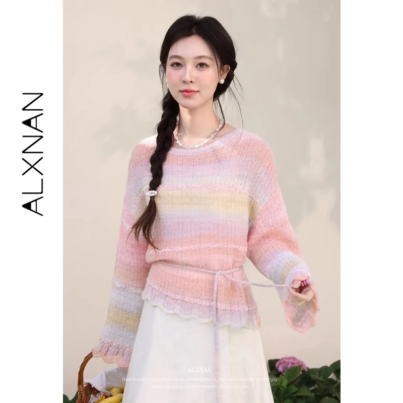 ALXNAN Women's Sweater Gradient Pink Loose-fit Long Sleeve Knit Pullover Fashion Casual Elegant Knitwear with Waist Rope L61518
ALXNAN Women's Sweater Gradient Pink Loose-fit Long Sleeve Knit Pullover Fashion Casual Elegant Knitwear with Waist Rope L61518