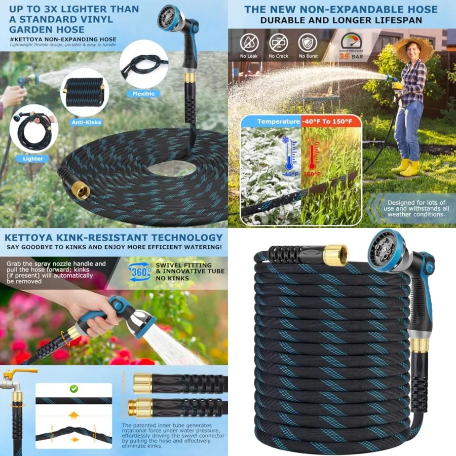 Non-Expanding Garden Hose 50 Feet, Kink Free Flexible Water Hose with 10-Pattern Spray Nozzle, Lightweight Hose Pipe, Leak Proo
Non-Expanding Garden Hose 50 Feet, Kink Free Flexible Water Hose with 10-Pattern Spray Nozzle, Lightweight Hose Pipe, Leak Proo