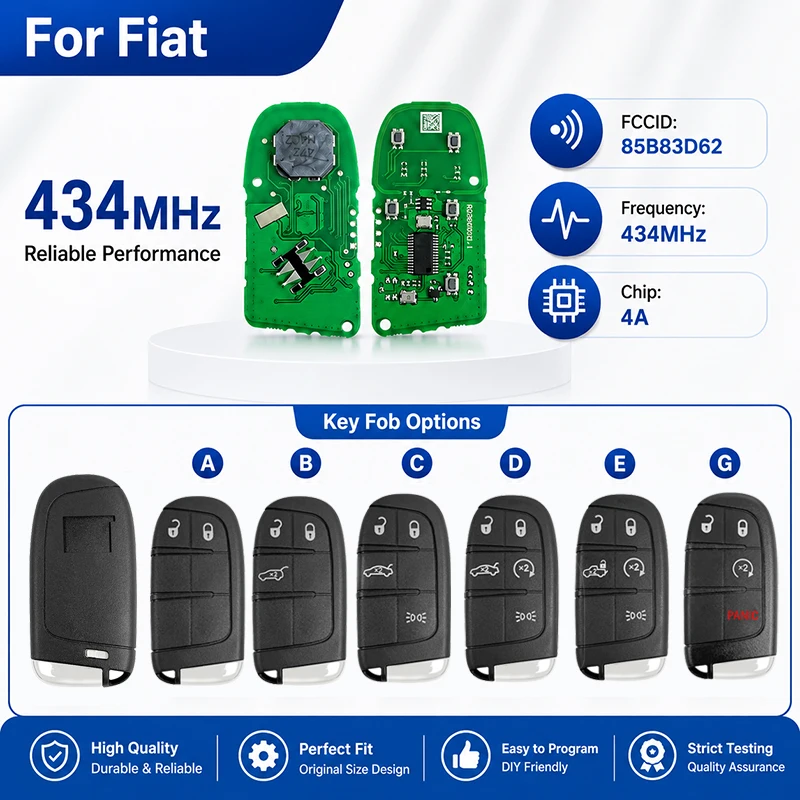 CN017045 Aftermarket Smart Remote Key 2/3/4/5 Buttons 434MHZ 4A Chip FCC 85B83D62 Keyless Go For Fiat 500 500L 500X 2016-2019
CN017045 Aftermarket Smart Remote Key 2/3/4/5 Buttons 434MHZ 4A Chip FCC 85B83D62 Keyless Go For Fiat 500 500L 500X 2016-2019