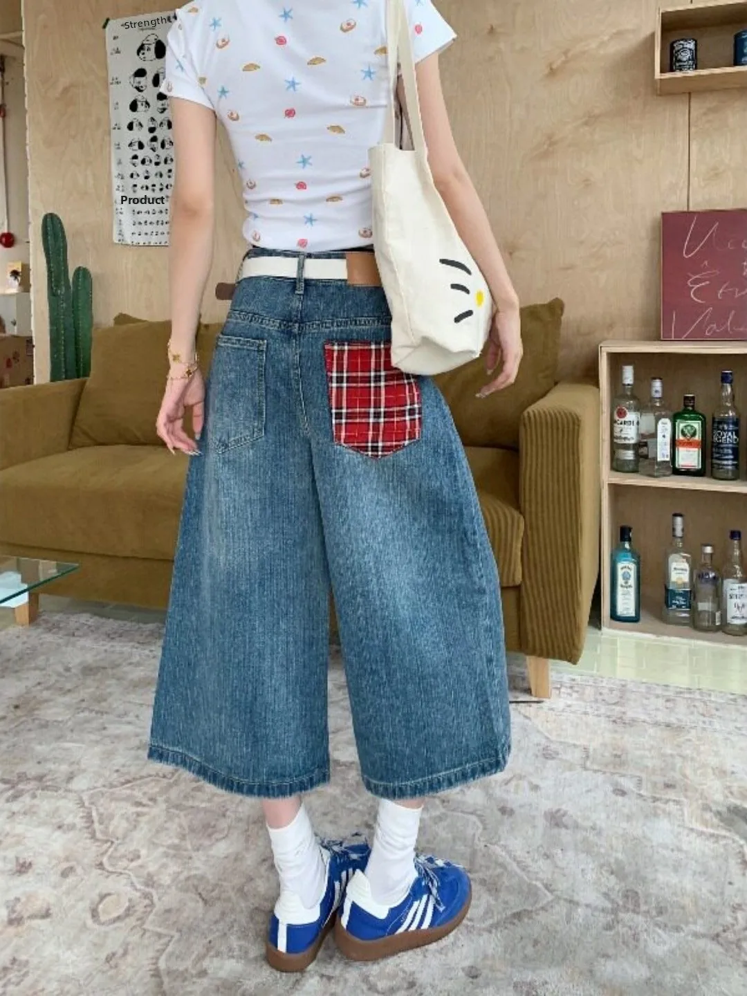 American Retro Blue Plaid Splicing Denim Seven-Foot Pants Women Summer plus Size Loose Wide Leg Medium Pants High Waist
American Retro Blue Plaid Splicing Denim Seven-Foot Pants Women Summer plus Size Loose Wide Leg Medium Pants High Waist