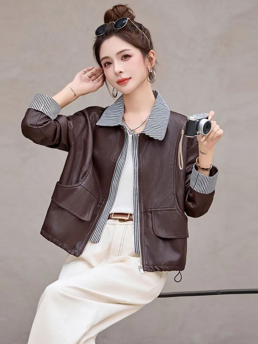 Women's Short Leather Jacket Spring Autumn New National Style Stripe Splicing Sheepskin Health Ring Protection Knee Pad
Women's Short Leather Jacket Spring Autumn New National Style Stripe Splicing Sheepskin Health Ring Protection Knee Pad