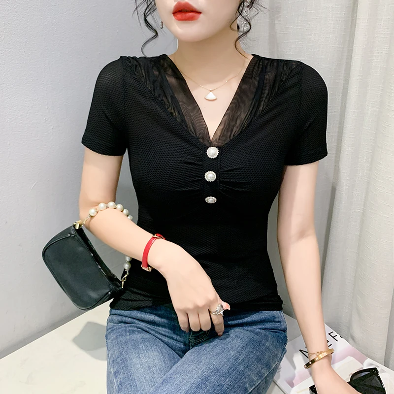 Black Summer Korean Style Mesh T-Shirt Chic Sexy V-Neck Button Patchwork Print Letter Women Tops Short Sleeve Tees 2024 New 4326
Black Summer Korean Style Mesh T-Shirt Chic Sexy V-Neck Button Patchwork Print Letter Women Tops Short Sleeve Tees 2024 New 4326