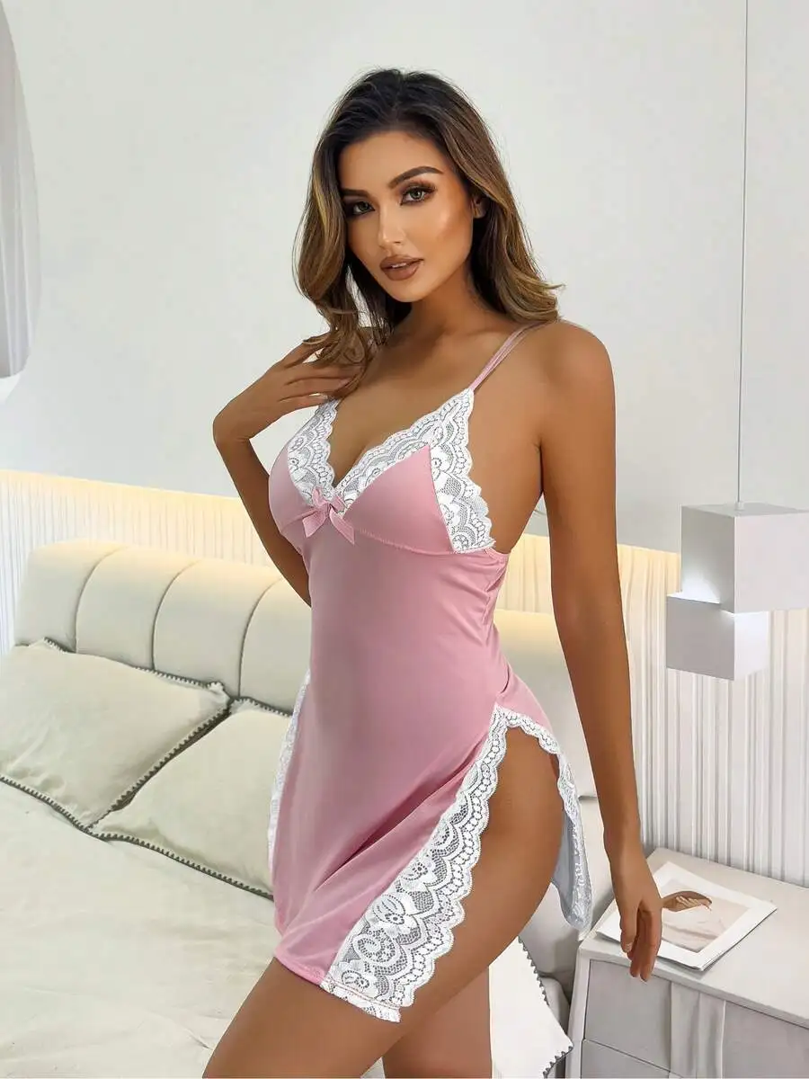 Pink Lace Trim Deep V Neck Sleep Dress With Double Slit And Bow Detail
Pink Lace Trim Deep V Neck Sleep Dress With Double Slit And Bow Detail