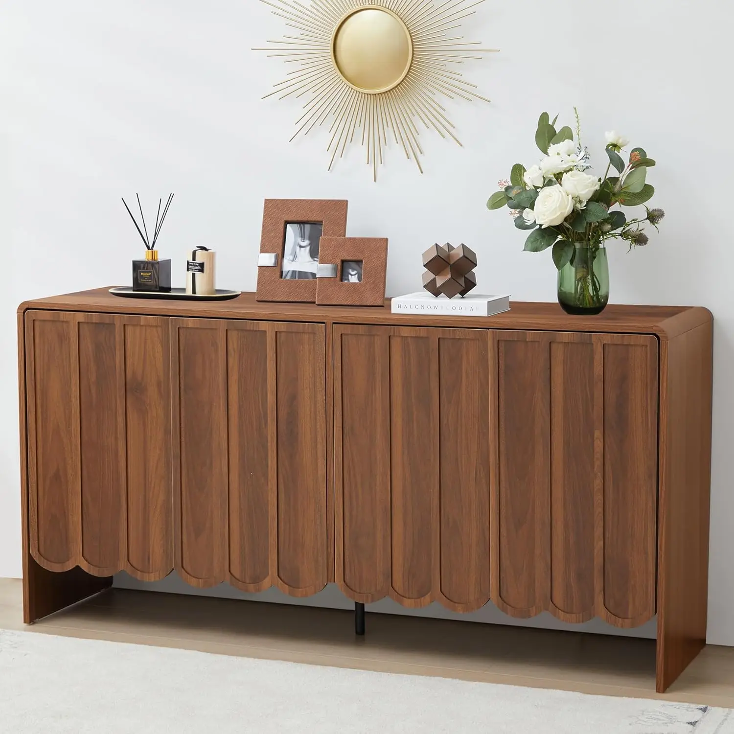 Walnut Wood Sideboard Buffet Cabinet 4-Door Adjustable Shelf Wave Panel Farmhouse Storage Dining Living Entry, Customized
Walnut Wood Sideboard Buffet Cabinet 4-Door Adjustable Shelf Wave Panel Farmhouse Storage Dining Living Entry, Customized