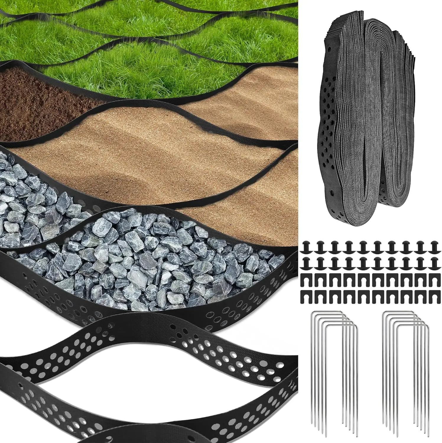 4x50FT Geo Grid 2" Depth HDPE Ground Grid 1885 lbs/sqft Driveway Stabilization with Stakes & Connectors, Black
4x50FT Geo Grid 2" Depth HDPE Ground Grid 1885 lbs/sqft Driveway Stabilization with Stakes & Connectors, Black