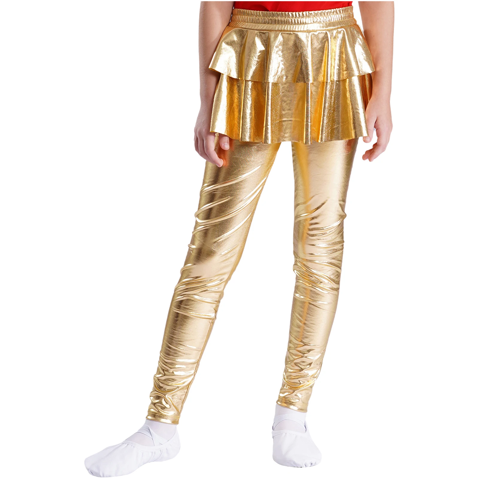 Fashionable Girls Metallic Ruffled Skirted Pants Shiny Pencil Leggings Elastic Waistband Pantskirt for Stage Performance Costume
Fashionable Girls Metallic Ruffled Skirted Pants Shiny Pencil Leggings Elastic Waistband Pantskirt for Stage Performance Costume