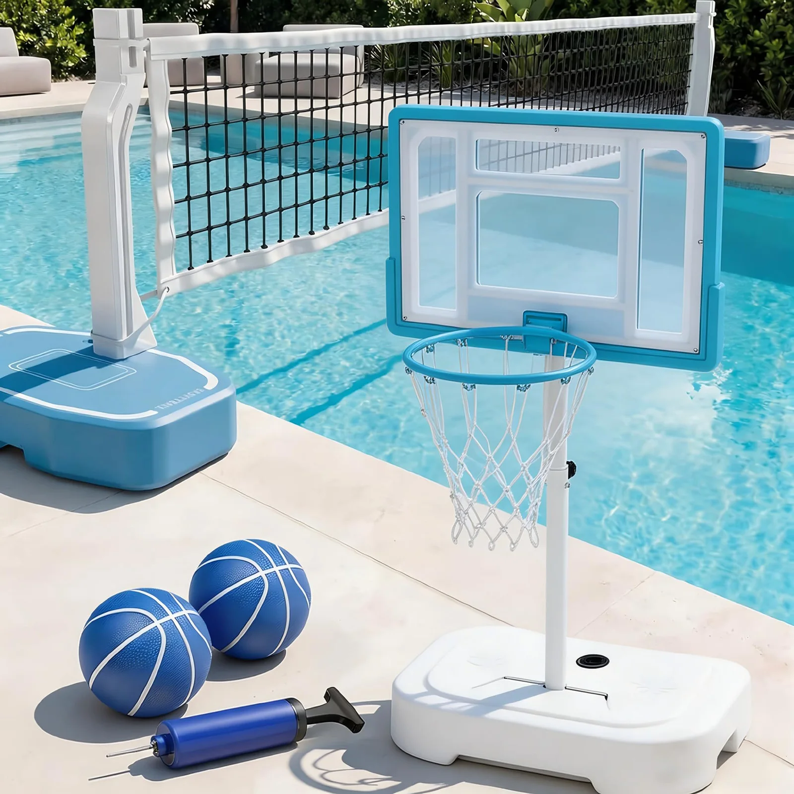 Outdoor Poolside Basketball Hoop, Adjustable Height, Stainless Steel, 32'' Shatterproof Backboard, 2 Balls & Pump
Outdoor Poolside Basketball Hoop, Adjustable Height, Stainless Steel, 32'' Shatterproof Backboard, 2 Balls & Pump