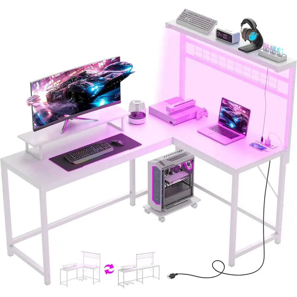 62 L-Shaped Gaming Desk with Power Outlets, LED Lights, and Storage for 2, White
62 L-Shaped Gaming Desk with Power Outlets, LED Lights, and Storage for 2, White