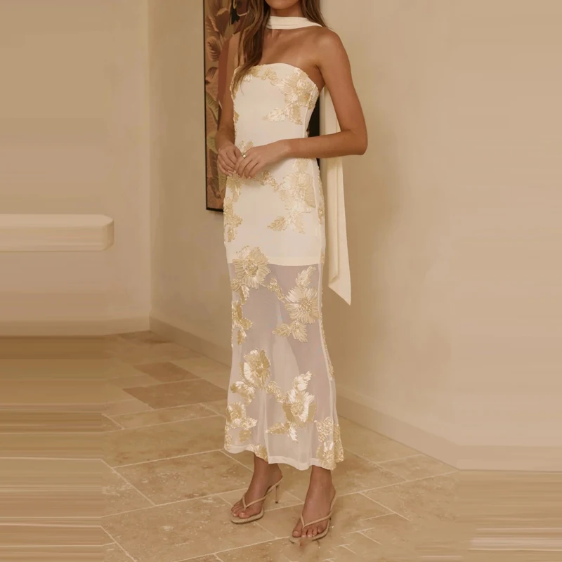 Sexy Strapless Mesh Embroidered Party Dresses Elegant Sleeveless Hight Waist Solid Long Dress Women Fashion Backless Slim Gowns
Sexy Strapless Mesh Embroidered Party Dresses Elegant Sleeveless Hight Waist Solid Long Dress Women Fashion Backless Slim Gowns